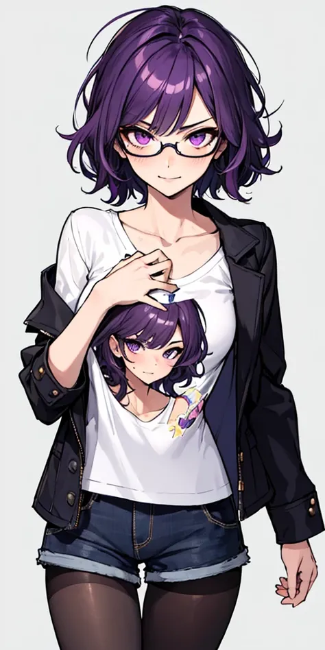 (masterpiece), best quality, expressive eyes, highres, anatomically correct, 1girl, perfect face, perfect hands, female, short hair, messy hair, wavy hair, purple hair, side bang, purple eyes, fair skin, medium chest, slight smirk, purple glasses, casual w...