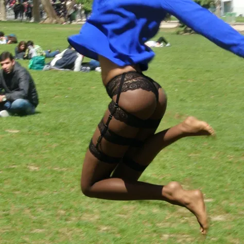 afro jumping, nude, stockings, lace garter, photo