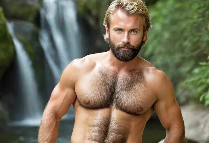 1 man, blond handsome face, with green eyes, 40 years old, beautiful nose, posing for a magazine, sexy pose, a man with (hairy legs: 2.0), extremely hairy body, with underwear, man with (Hairy Chest: 2.0), cinematic, perfect face, detailed image, perfet ey...