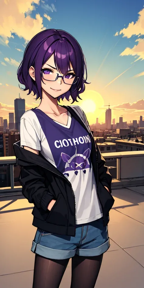 (masterpiece), best quality, expressive eyes, highres, anatomically correct, 1girl, perfect face, perfect hands, female, short hair, messy hair, wavy hair, purple hair, side bang, purple eyes, fair skin, medium chest, slight smirk, purple glasses, casual w...