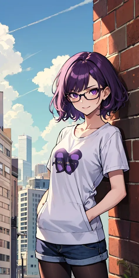 (masterpiece), best quality, expressive eyes, highres, anatomically correct, 1girl, perfect face, perfect hands, female, short hair, messy hair, wavy hair, purple hair, side bang, purple eyes, fair skin, medium chest, slight smirk, purple glasses, casual w...