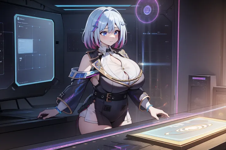 masterpiece, best quality, TopazV4:1.5, 1girl, looking at pc screen, solo, hair ornament, ((holographic interface:1.3)), indoors, spaceship, night, gigantic breasts