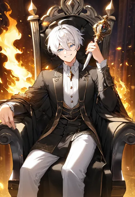 White white hair boy in a pitty smile face sitting in a black throne and his hand is holding a fire