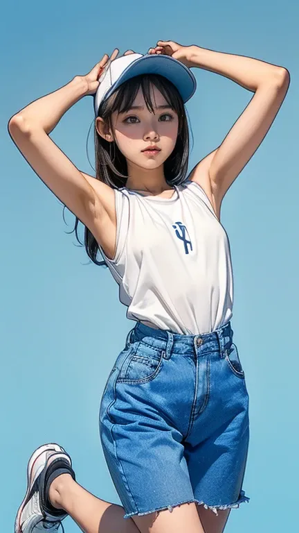 (smock, sleeveless shirt, pants, sports hat, raise your head, running shoes)、14-year-old girl、(raise your arms、Please show me your armpits:1.2)、(droopy eyes:1.2), (Not good:1.4), (very slim:1.3)、tight waist、long legs、Browsing Caution、Large, round eyes