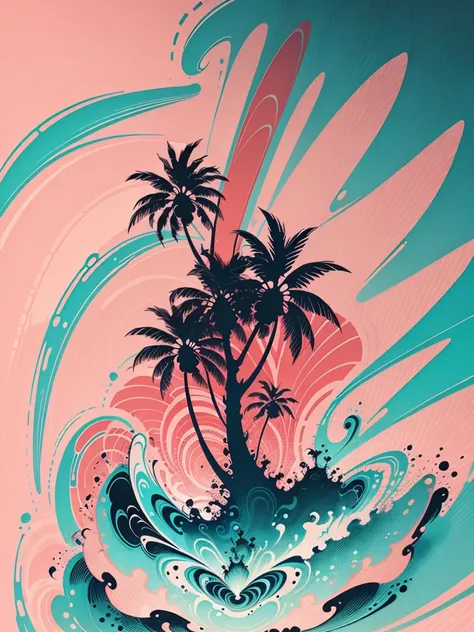 2d vector illustration, tshirt design for summers, palm trees, (surf: 1.1), (combi), sunrays, (best quality, masterpiece: 1.3), minimalist, (8 colors)