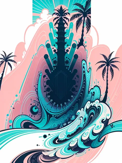 2d vector illustration, tshirt design for summers, palm trees, (surf: 1.1), (combi), sunrays, (best quality, masterpiece: 1.3), minimalist, (8 colors)