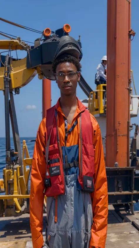 Workers at sea with black backgrounds wearing clothes that are a combination of orange and gray, wearing live red jackets, glasses with blue helmets