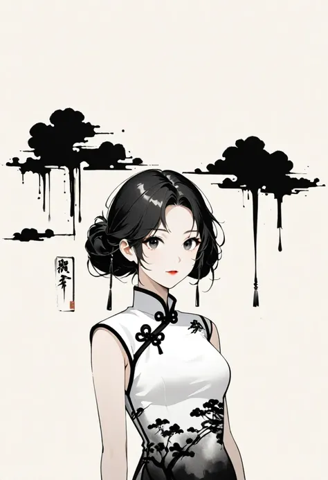 Artistic ink painting，Three-dimensional ink painting，Minimalism，Minimalist graphics，Minimal Art，Chinese anime girls，whole body，Chinese style，antiquity，Ink Painting，cheongsam，Black long hair，Black and white background，古韵White Space，White Space，大面积White Spac...