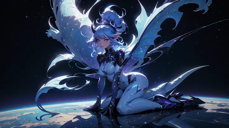 A space dragon sitting at the edge of the universe, lonely, sad, void, stars, the stars mixed in the sea, a sea of stars, ethereal woman, Blue and purple hair , space buns, space outfit, white black and gold outfit, golden dragon horns and tail, space outf...