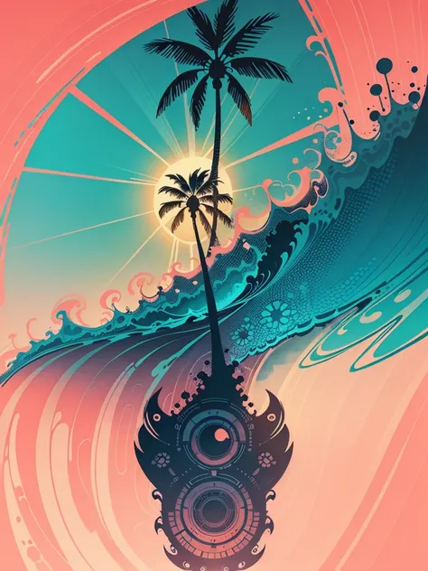 2d vector illustration, tshirt design for summers, palm trees, (surf: 1.1), (combi), sunrays, (best quality, masterpiece: 1.3), minimalist, (8 colors)