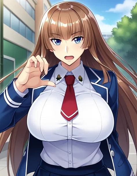 score_9, score_8_up, score_7_up, source_anime, game cg, beautiful detailed eyes, aoi_nagisa_(metalder), BREAK solo, 1girl, koukawa asuka, brown hair, long hair, blue eyes, bangs, side bangs, (huge breasts:0.8), medium body, BREAK school_uniform, (underbust...