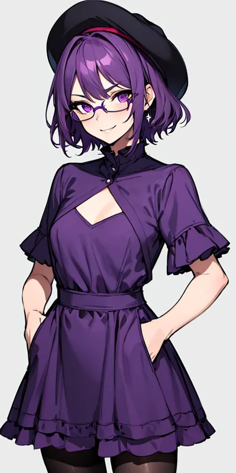 (masterpiece), best quality, expressive eyes, highres, anatomically correct, 1girl, perfect face, perfect hands, female, short hair, messy hair, wavy hair, purple hair, side bang, purple eyes, fair skin, medium chest, slight smirk, purple glasses, casual w...