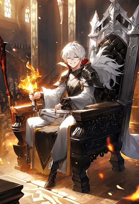 White white hair boy in a pitty smile face sitting in a black throne and his hand is holding a fire and theres is a knight bowing 