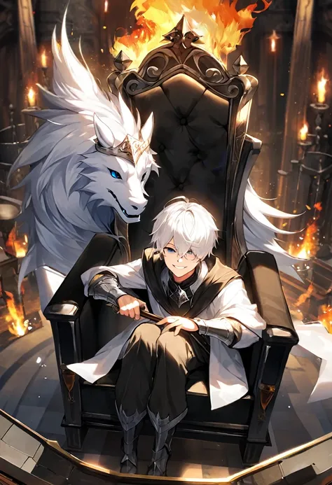 White white hair boy in a pitty smile face sitting in a black throne and his hand is holding a fire and theres is a knight bowing 