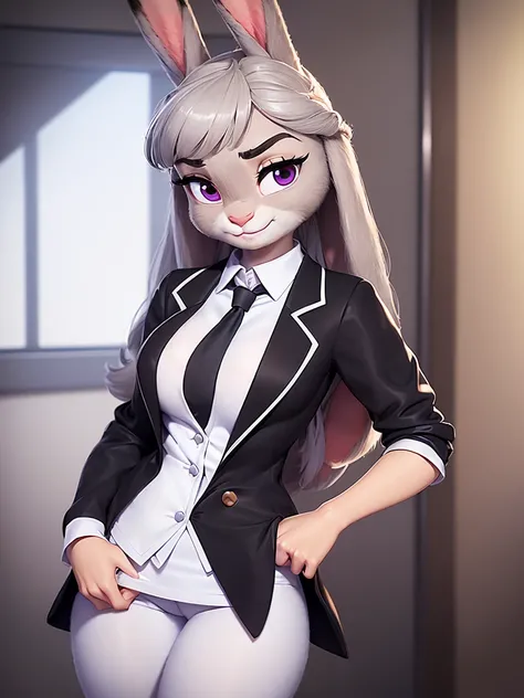 best quality,
masterpiece,
super detail,
3D,
Portrait,
bloom office area,

(Face is JudyHopps:1.4),
((long straight hair)),
(see-through bangs:1.3),
bright purple eyes,
(arched eyebrows:1.2),
(uplift eyebrows:1.1),
(rabbit ears:1.1),

(outfit is made of wo...