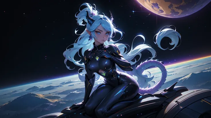 A space dragon sitting at the edge of the universe, lonely, sad, void, stars, the stars mixed in the sea, a sea of stars, ethereal woman, Blue and purple hair , space buns, space outfit, white black and gold outfit, golden dragon horns and tail, space outf...