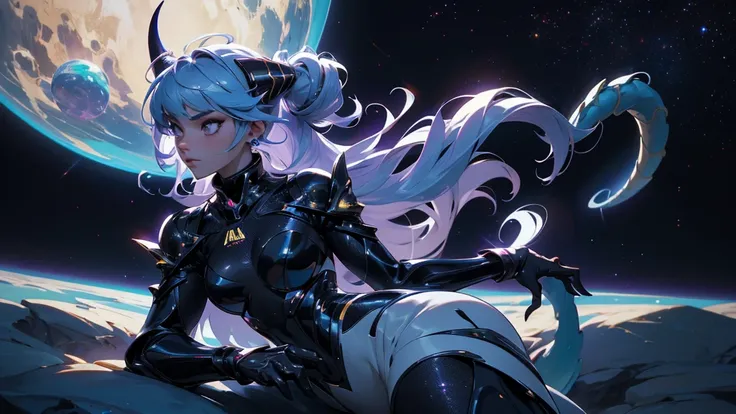 A space dragon sitting at the edge of the universe, lonely, sad, void, stars, the stars mixed in the sea, a sea of stars, ethereal woman, Blue and purple hair , space buns, space outfit, white black and gold outfit, golden dragon horns and tail, space outf...