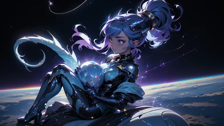 A space dragon sitting at the edge of the universe, lonely, sad, void, stars, the stars mixed in the sea, a sea of stars, ethereal woman, Blue and purple hair , space buns, space outfit, white black and gold outfit, golden dragon horns and tail, space outf...