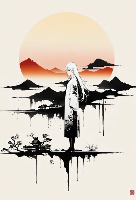 Artistic ink painting，Three-dimensional ink painting，Minimalism，Minimalist graphics，Minimal Art，Chinese anime girls，whole body，Chinese style，antiquity，Ink Painting，sunrise，Distant Mountains，Black and white background，古韵White Space，White Space，大面积White Spac...