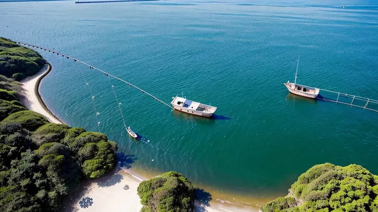 Top view，Close shot，Two children are fishing for pearls with a fishing net in the shallow sea，Beach blue，sunny。spray。Clear
