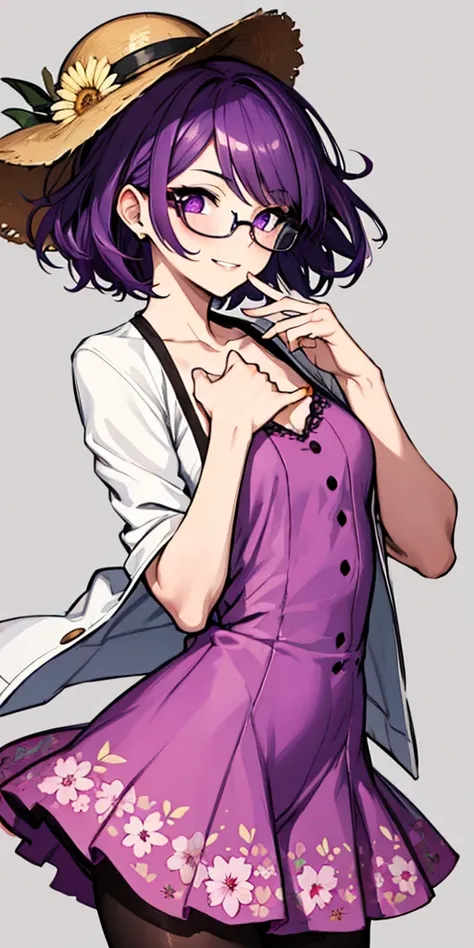 (masterpiece), best quality, expressive eyes, highres, anatomically correct, 1girl, perfect face, perfect hands, female, short hair, messy hair, wavy hair, purple hair, side bang, purple eyes, fair skin, medium chest, slight smirk, purple glasses, casual w...