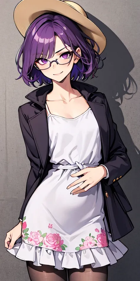 (masterpiece), best quality, expressive eyes, highres, anatomically correct, 1girl, perfect face, perfect hands, female, short hair, messy hair, wavy hair, purple hair, side bang, purple eyes, fair skin, medium chest, slight smirk, purple glasses, casual w...