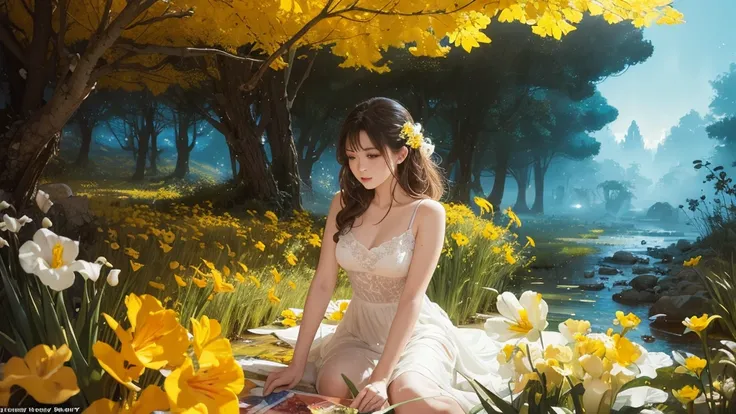 32k, Masterpiece, Highest quality, One girl, Detailed eyes, flower,gladiolus, Yellow and pink style,A dreamy, romantic piece,Pale yellow, Mysterious Leaves,A playful arrangement,Fantasy,High Contrast,Ink strokes,explosion,Exposure, Impression of yellow and...