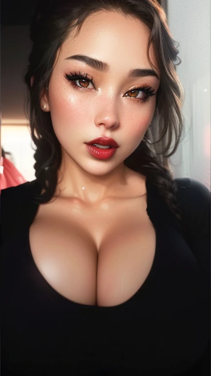 a close up of a woman with a big breast and a black top, cleavage, thick lips, portrait sophie mudd, sie boob, jaw-dropping beauty, sexy girl with dark complexion, thick red lips, large full lips, deep red lips, jaw dropping beauty, retouched in photoshop,...