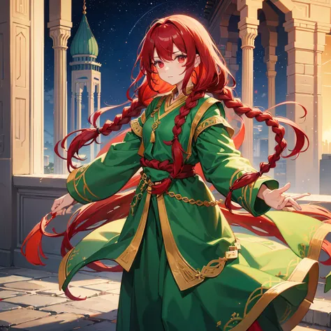 A person, Red eyes, hair in small braids, bangs and loose at the back, redhead, traditional arabic clothing, green clothes