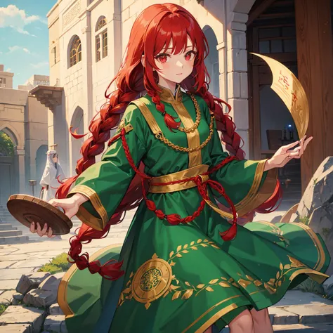 A person, Red eyes, hair in small braids, bangs and loose at the back, redhead, traditional arabic clothing, green clothes