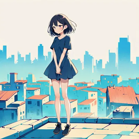 (Person Standing on the Rooftop:1.3)，Girl on the rooftop，Simple lineinimalism，Abstract Art，City background, urge to pee, covering crotch with two hands, open eyes, legs spread out