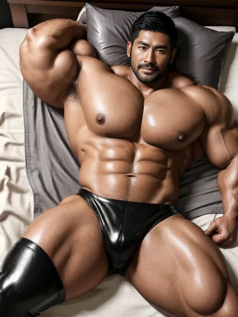 There is only one handsome Asian actor in the photo，35 years old，High target, Fitness，short hair, O-Shaped Beard，Perfect body, Dark skin color，Radiant Skin，Smooth skin，Muscle bulge, muscular, Very large pectoral muscles，Very sexy abdominal muscles，Very wel...