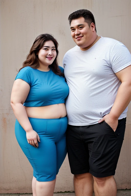 186cm 105kg thin man with abdominal obesity, (140kg obese woman):1.7, friendly fat couple, photorealistic, 8K