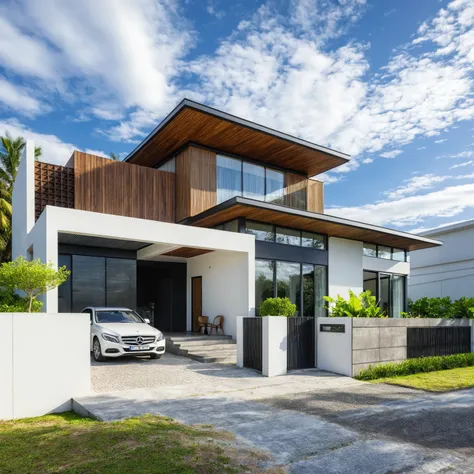 Masterpiece, high quality, best quality, authentic, super detail, outdoors, house style modern,bietthuhn, white wall, glass windows, gate road,pavement, grass, trees,blue sky, cloud, (day:1.1), realistic lighting