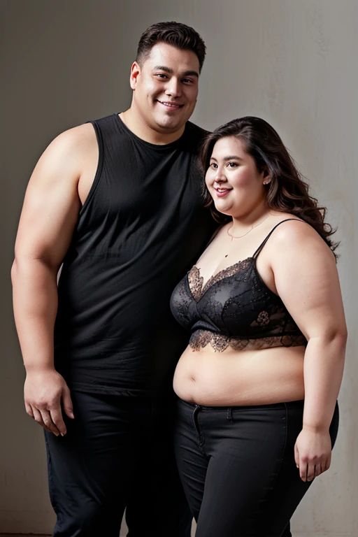 186cm 105kg thin man with abdominal obesity, (140kg upper body obese woman):1.7, friendly fat couple, photorealistic, 8K