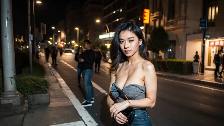 Full-body photo, The most cheap Chinese godness prostitute, streetwhore，streethooker，A very clear face，tatto on the face and breast， Standing by the dirty roadside，soliciting clients on a night poor and dirty street, night, eye contact, looking at client,A...