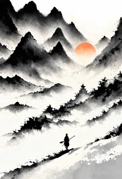 (Lots of white space:1.5)，(Lots of white space around:1.6), White background, simple, Minimalism, abstract,Freehand，Aesthetic，black and white，Ink Painting，antiquity，sunrise，a mountain，A person far away