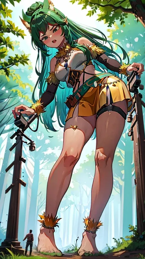 In a forest of large trees there is an even larger Amazonian giantess, with brown skin, black hair, thin, with clothes of the forest, and with very long legs, she is looking for small human invaders of the forest to destroy them so that they do not disturb...