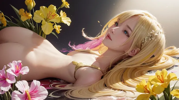 32k, Masterpiece, Highest quality, One girl, Detailed eyes, flower,gladiolus, Yellow and pink style,A dreamy, romantic piece,Pale yellow, Mysterious Leaves,A playful arrangement,Fantasy,High Contrast,Ink strokes,explosion,Exposure, Impression of yellow and...