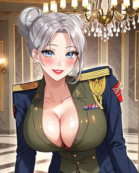 Hot sexy beautiful one women military officer commanding soldier on battlefield,  long silver chandelier earrings,big breasts, ,grey hair ,  hair bun,blush,blue eyes, smiling,red lipstick, military sergeant uniform ,deep cleavage 