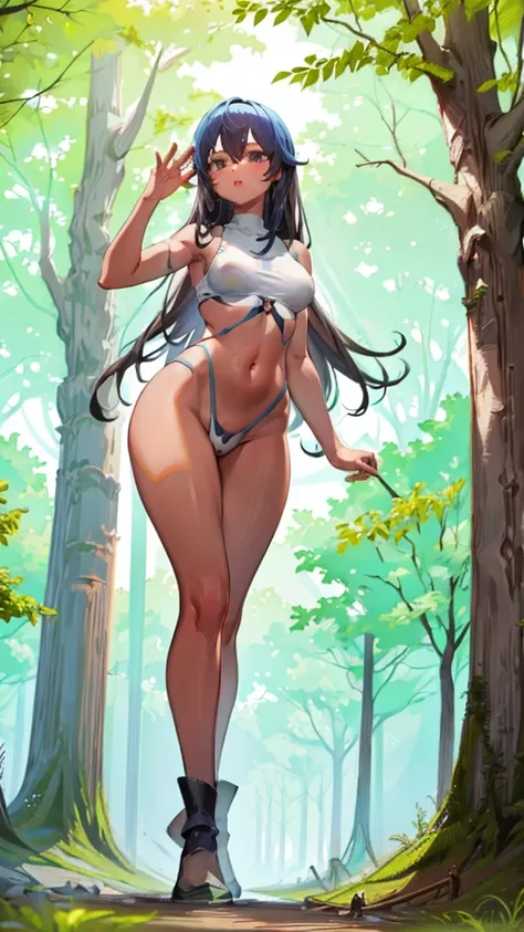 In a forest of large trees there is an even larger Amazonian giantess, with brown skin, black hair, thin, with clothes of the forest, and with very long legs, she is looking for small human invaders of the forest to destroy them so that they do not disturb...