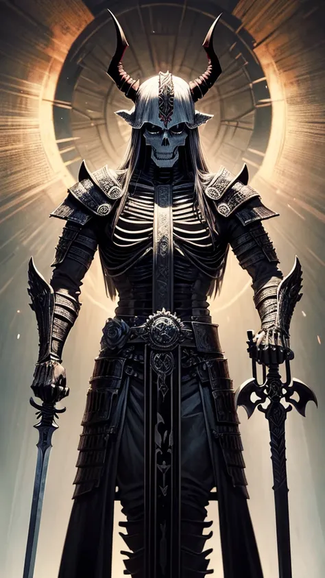 Ser imposing, Skeletal, demonic, With horns, with a sword drawn, God of Death, mictlantecuhtli, skeleton, armor, be powerful, Mexico, be mystical, lord of the underworld, god of the dead