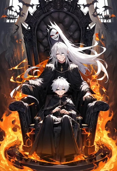 White white hair boy in a pitty smile face sitting in a black throne and his hand is holding a fire and theres in a abyss throne havong a hand on fire no shade and no man in the back and he leg is quit spread make tha background more black or spooky 