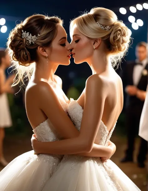 2 two ((diferent)) lesbian girls dancing at a wedding reception, in the night, hugs, ((they look at each other)), they turn to each other and cry, ((they kiss with great passion)), (((messy dirty girls))), wet hair, the lesbian sexual movement, sensual tou...