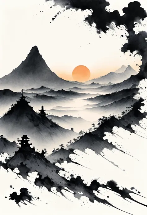 (Lots of white space:1.5)，(Lots of white space around:1.6), White background, simple, Minimalism, abstract,Freehand，Aesthetic，black and white，Ink Painting，antiquity，sunrise，a mountain，A person far away