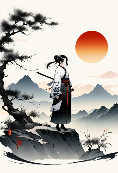 Artistic ink painting，Three-dimensional ink painting，Minimalism，Minimalist graphics，Minimal Art，Chinese anime girls，whole body，Chinese style，antiquity，Ink Painting，sunrise，Distant Mountains，Black and white background，古韵White Space，White Space，大面积White Spac...