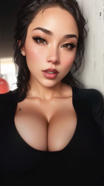 a woman with a big breast and a black top, neckline, thick lips, super sexy woman