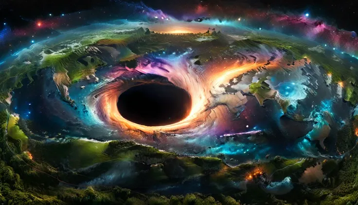 a black hole rises above the horizon of a lush earth