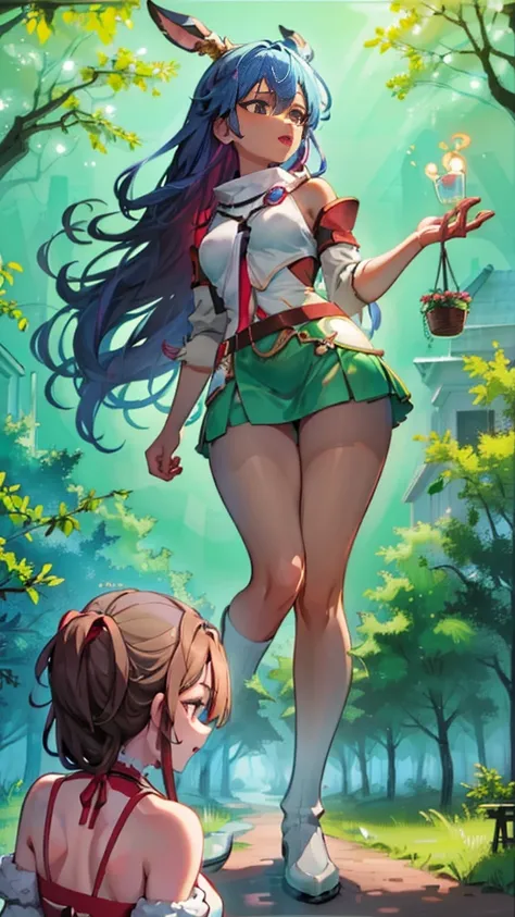 In a forest of large trees there is an even larger Amazonian giantess, with brown skin, black hair, thin, with clothes of the forest, and with very long legs, she is looking for small human invaders of the forest to destroy them so that they do not disturb...