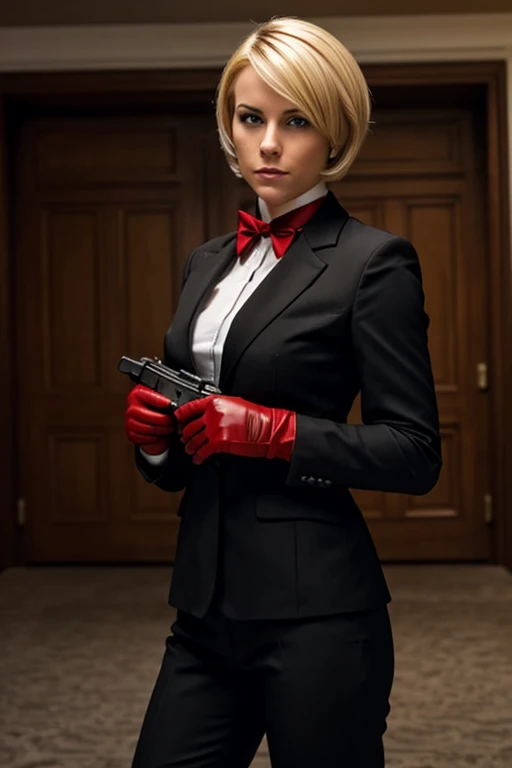 A short-haired, blonde American woman wearing a black suit and red gloves holding a submachine gun